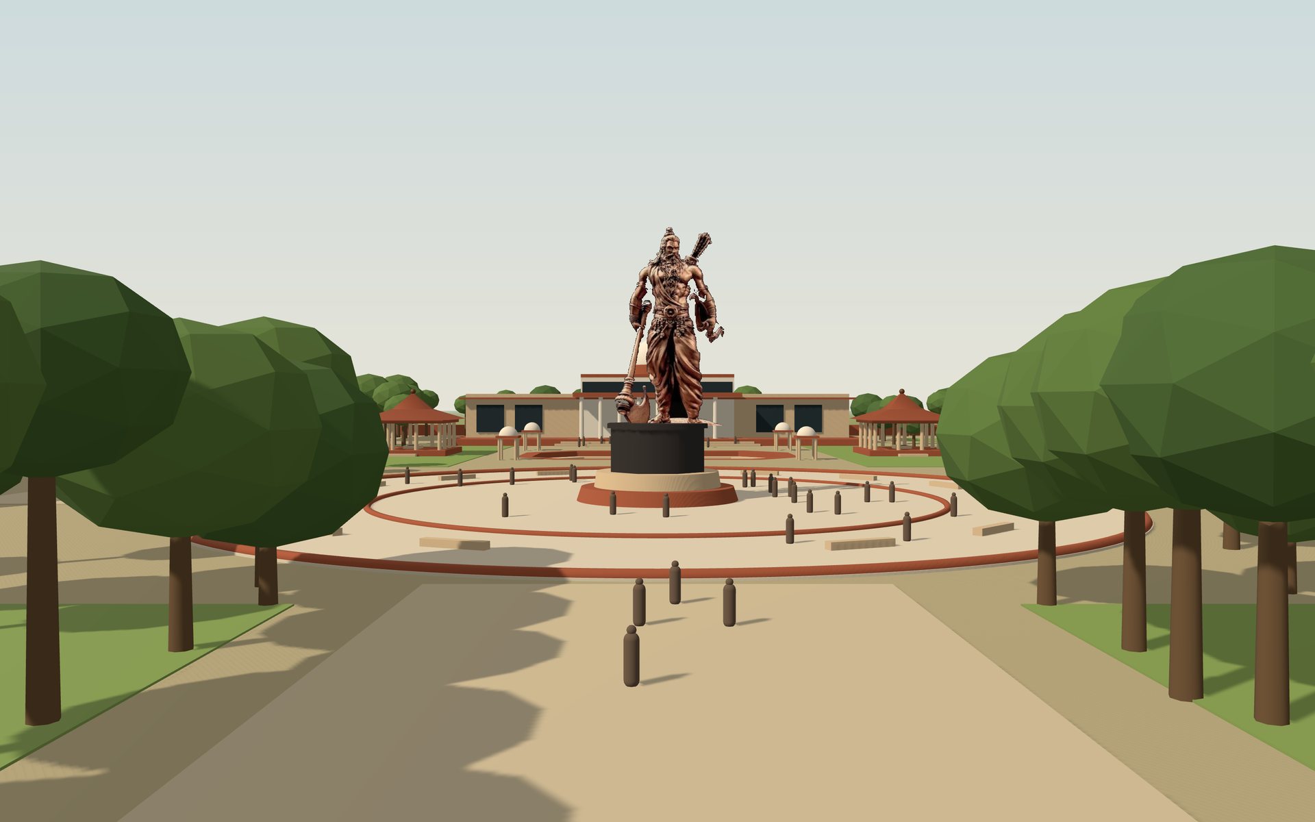 View up the tree avenue toward the statue, with the library dome on the skyline