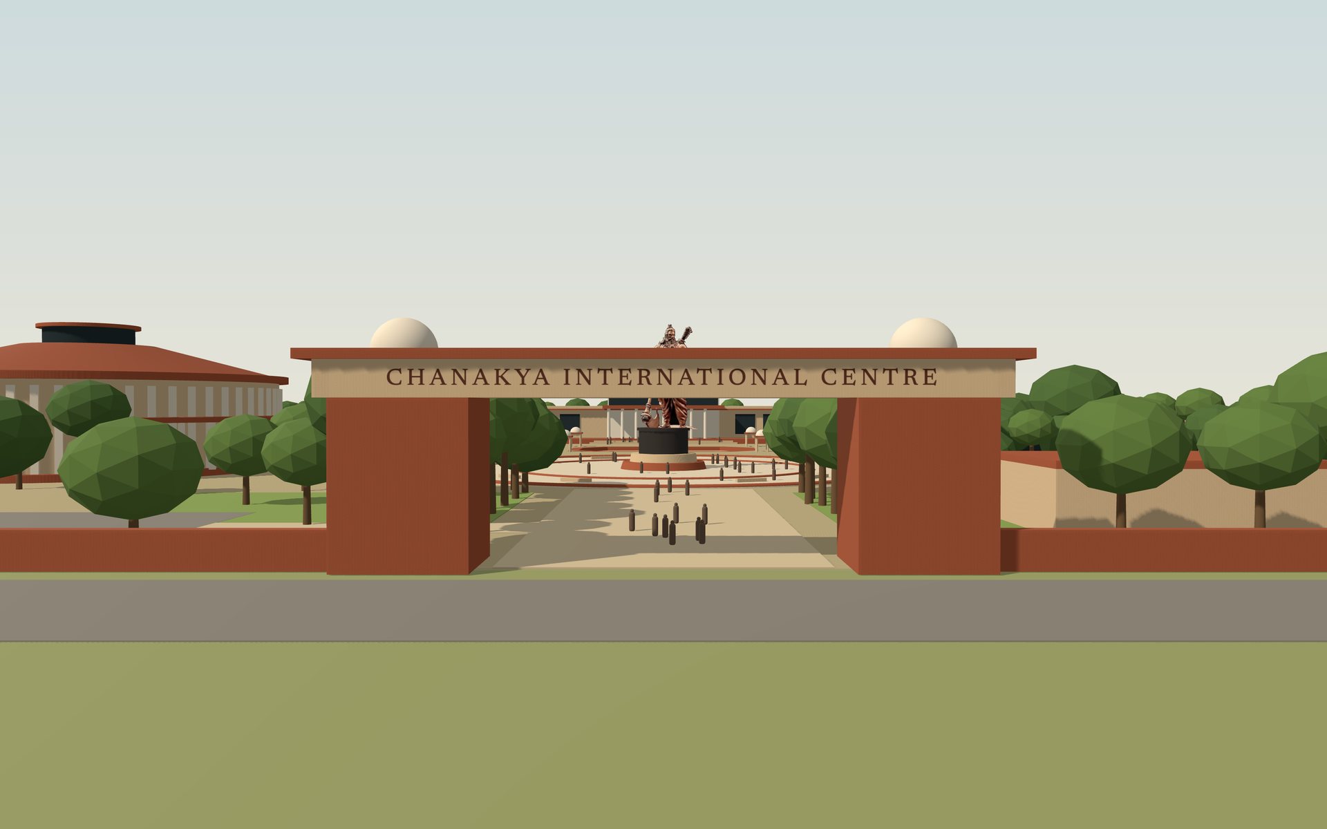 Massing model view of the main gateway: two redstone pylons carrying a sandstone lintel, with the tree avenue and statue beyond