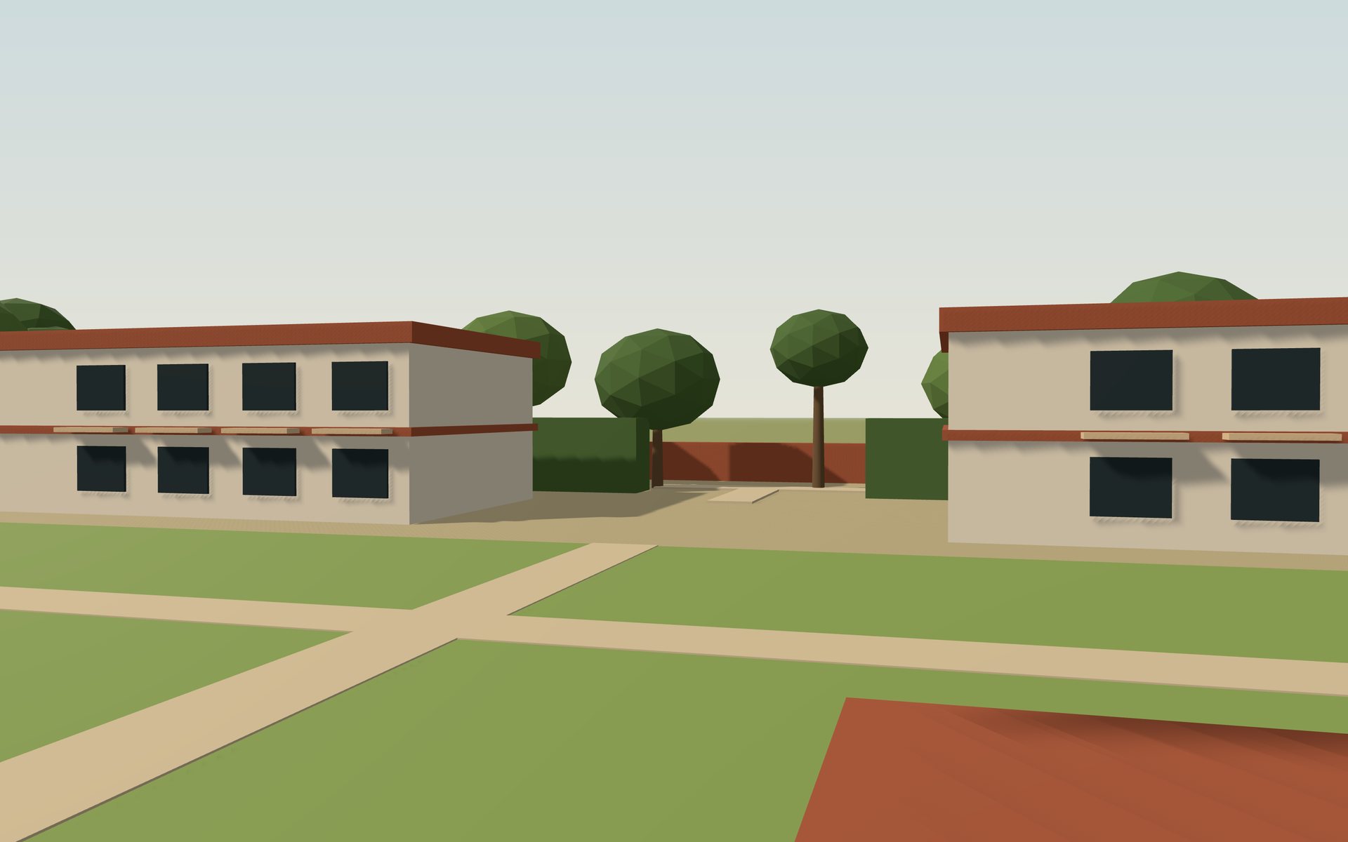 Inside the guest court: footpaths crossing a shared garden between two-storey blocks