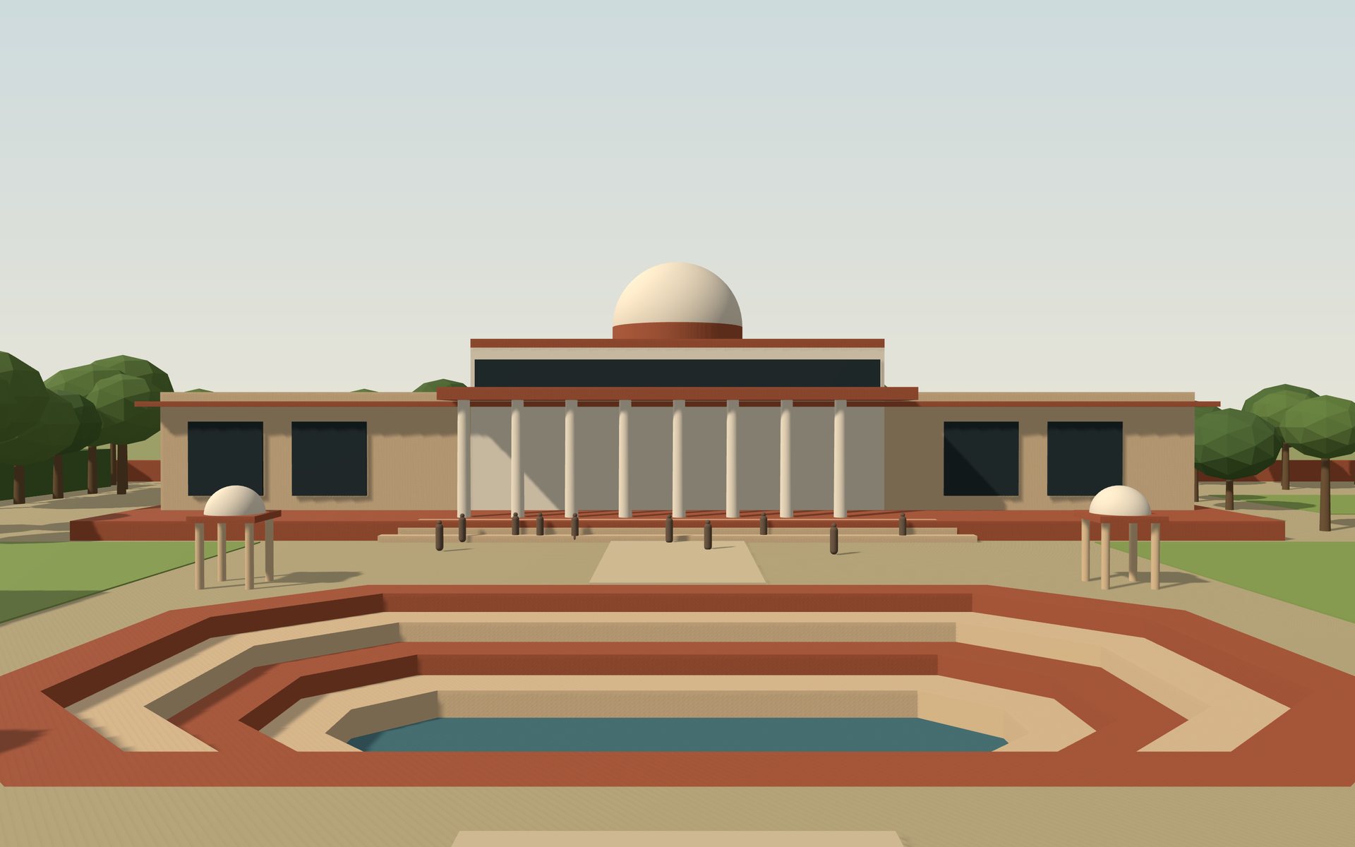 The south front of the Great Library across the tank: a nine-column portico under a lantern dome