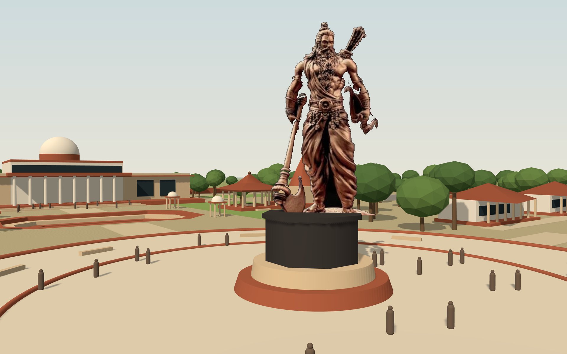 Inside the circular plaza, the statue on its plinth with the Assembly Hall colonnade to the west