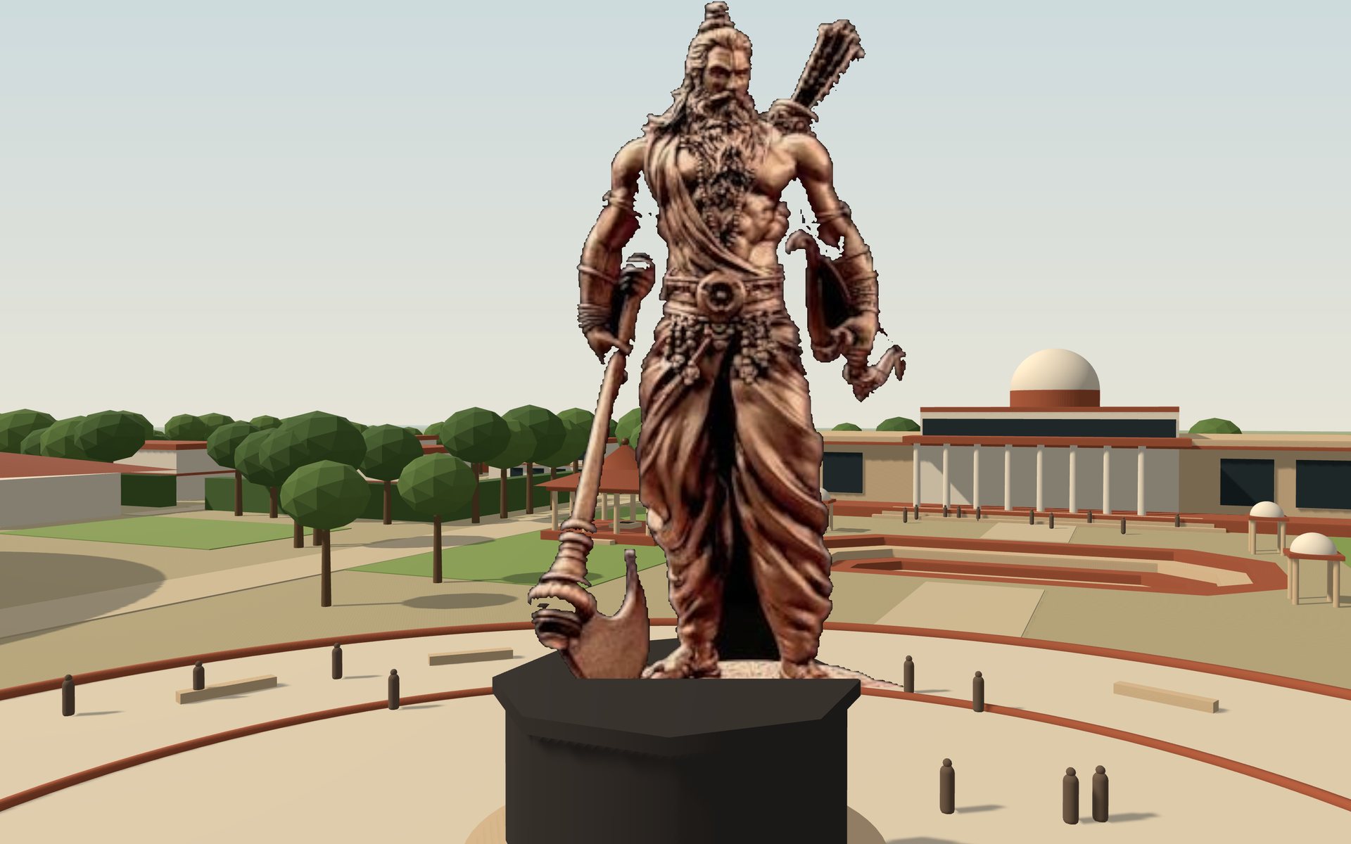 The statue of Bhagawan Parashurama on a black granite pedestal, holding the parashu, with the library dome behind