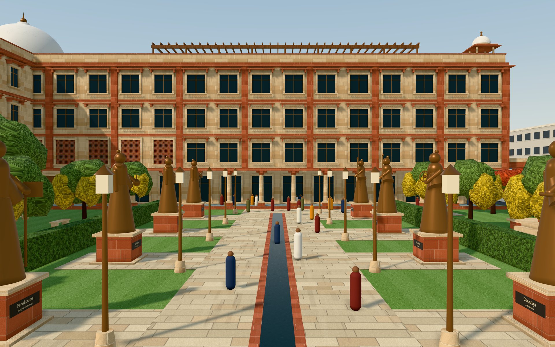 The Rishi Path: a stone walk with a central rill between bronze figures on red plinths, leading to the arcade
