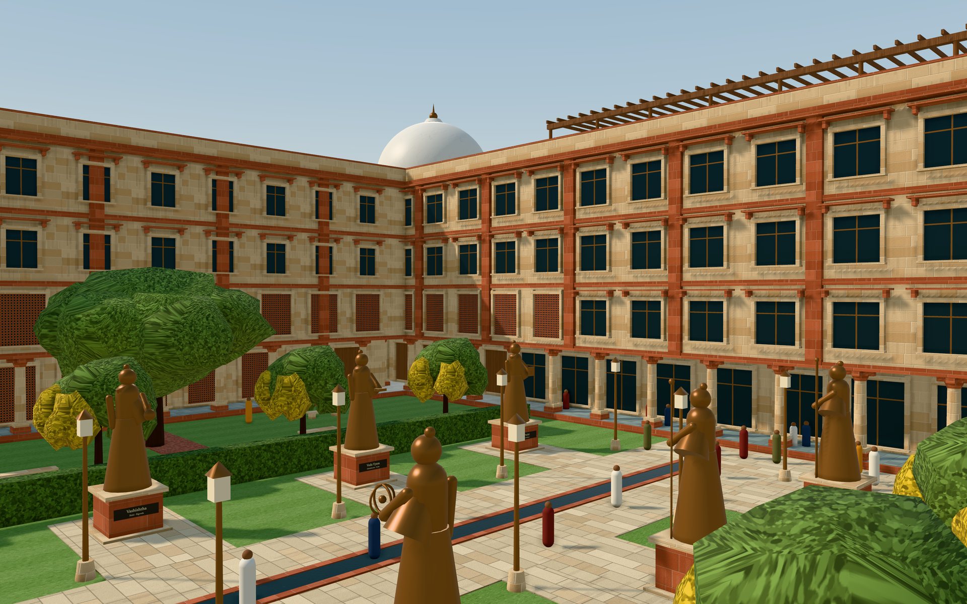 The north wing's garden front: a long arcade of columns below three floors of jaali-screened windows