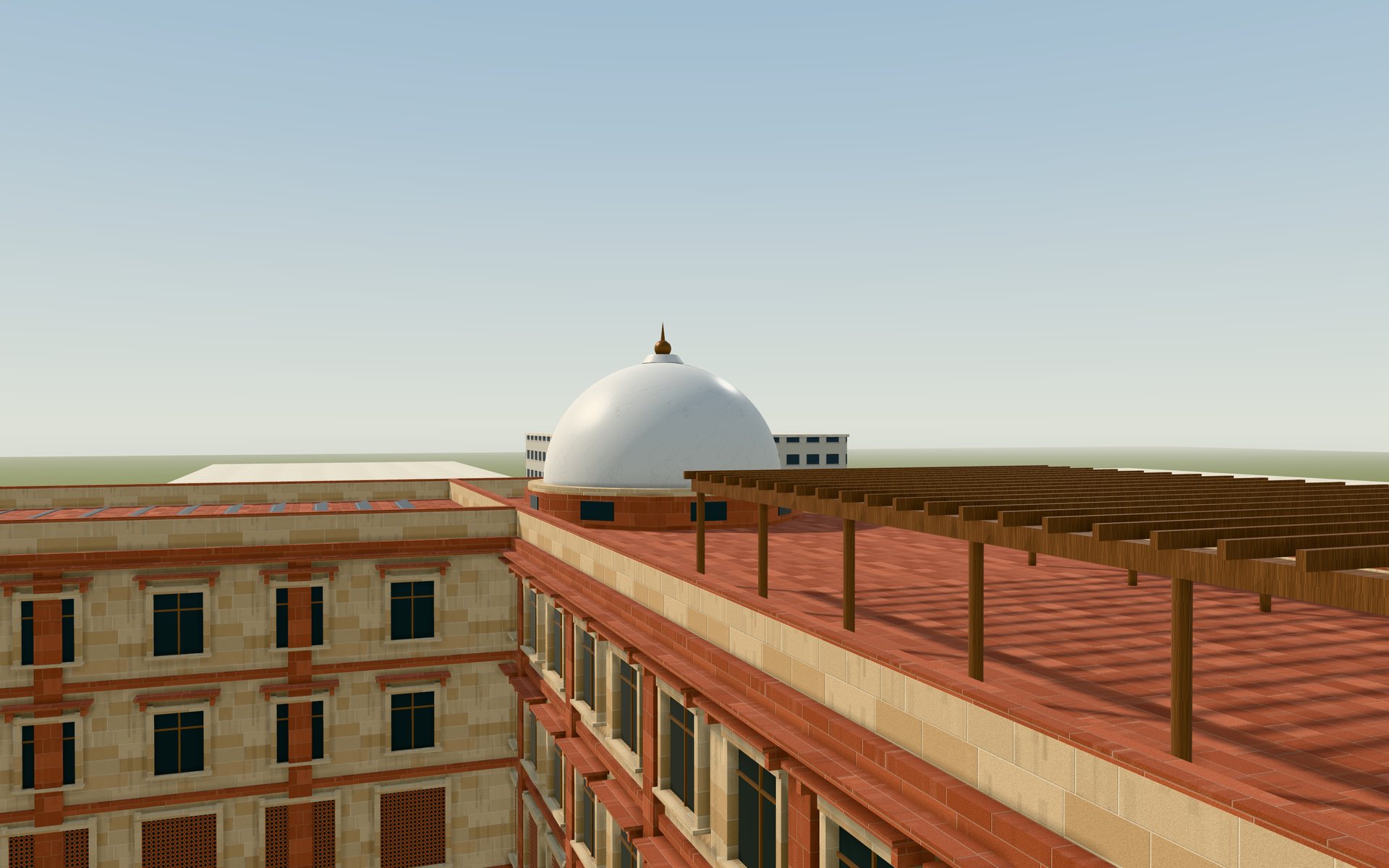 The roof terrace under a teak pergola, looking to the marble dome