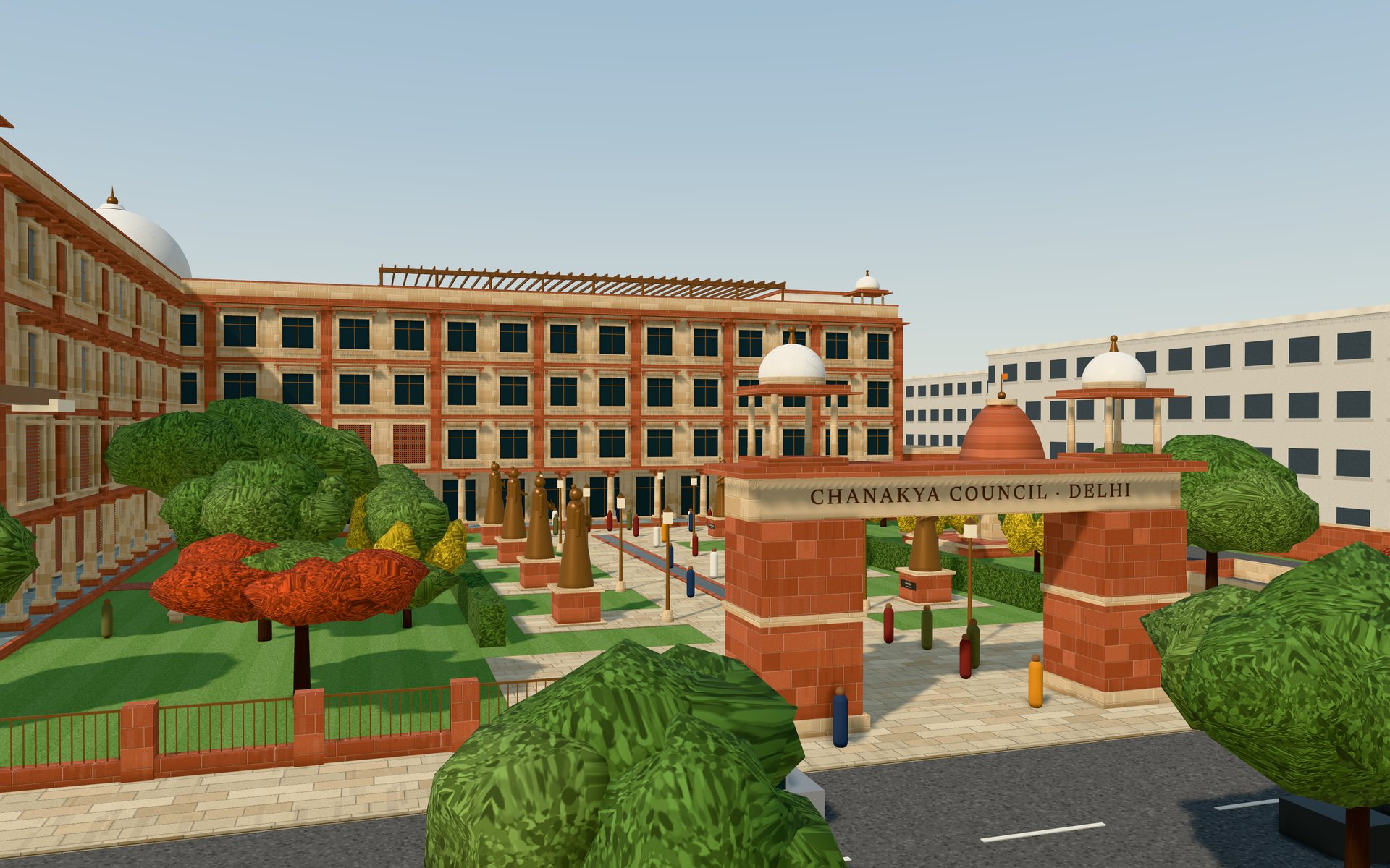 The plot from across the road: a low red plinth wall, the gateway on the axis, and the building behind the garden